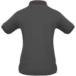 A grey women's short sleeve polo shirt with contrasting trim and a logo on the back.