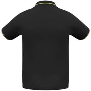 A black short sleeve polo shirt with contrasting collar and sleeve detailing, featuring a logo.