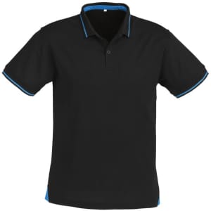 A black short sleeve polo shirt featuring blue trim and a logo.