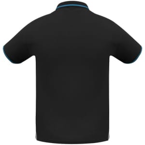 A black short sleeve polo shirt with contrasting blue detailing on the collar, featuring a logo.