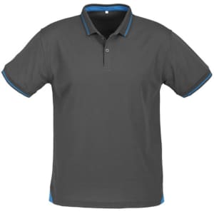 A grey short sleeve polo shirt with blue accents and a collar, featuring a logo.