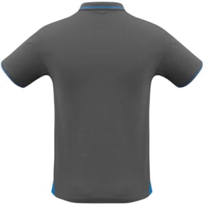A men's polo shirt in grey with blue accents, featuring short sleeves and a collar. The back view is displayed.