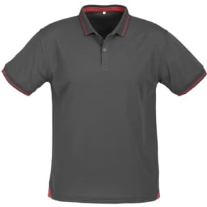 A men's short sleeve polo in grey with red accents. It features a collar and a logo.