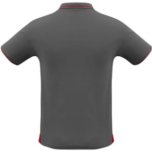 A grey men's short sleeve polo shirt with red detailing and a logo. The back view is displayed.