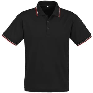 A black polo shirt with short sleeves, featuring contrasting trim on the collar and cuffs. It has a logo.