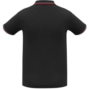 A black short sleeve polo shirt featuring contrasting trim and a logo on the collar.