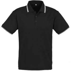 A black short sleeve polo shirt with white stripes on the collar and sleeves, featuring a logo.