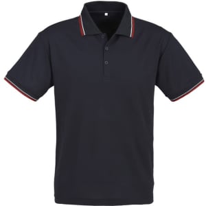 A black short sleeve polo shirt features contrasting striped detailing on the collar and sleeves, and includes a logo.