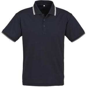 A black short sleeve polo shirt with contrasting white trim and a collar, featuring a logo.