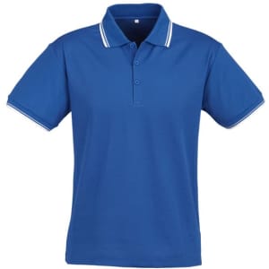 A blue short sleeve polo shirt with white accents and a collar, featuring a logo.