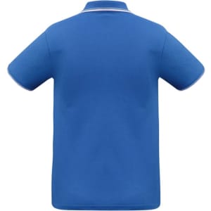 A blue short sleeve polo shirt featuring a contrasting collar and a logo. The back view showcases a simple design.