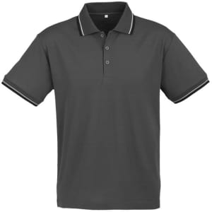 A grey short sleeve polo shirt with contrasting trim and a logo on the chest area.