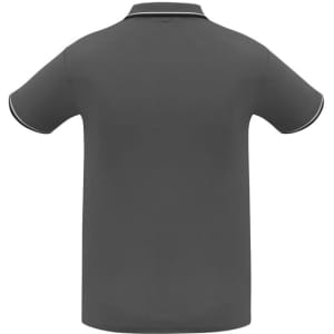 A grey men's short sleeve polo shirt featuring contrasting trim and a collar, with a logo on the chest.