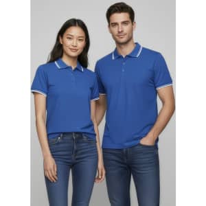 A blue short sleeve polo shirt with a contrasting collar, displayed on a male and female model, featuring a logo.