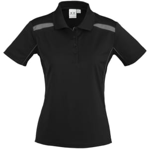 A black women's short sleeve polo shirt with contrasting stripes and a logo on the chest.