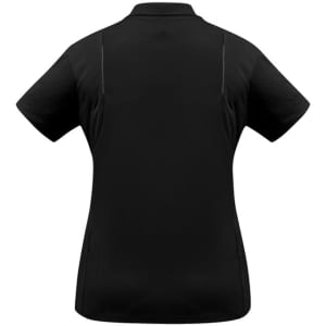 A black women's short sleeve polo shirt with a fitted design and visible stitching details.