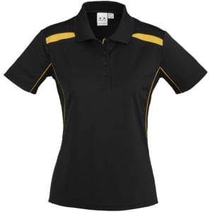 A women's short sleeve polo shirt in black with yellow accents and a logo on the chest.