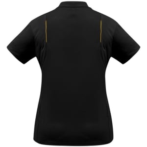 A black women's short sleeve polo shirt featuring yellow detailing and a logo.