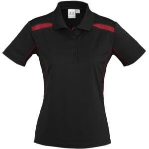 A black women's polo shirt with red accent stripes and a collar. It features a logo on the chest area.