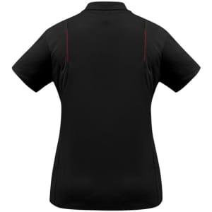 A women's short sleeve polo shirt in black with red detailing and a logo on the back.
