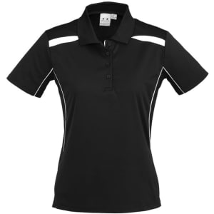 A black women's short sleeve polo shirt featuring white stripes and a collar, with a logo on the chest.