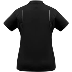 A black women's short sleeve polo shirt featuring a back view with a subtle logo.