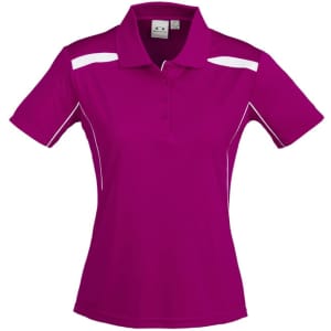 A vibrant purple women's polo shirt featuring white accents and a logo on the chest area.