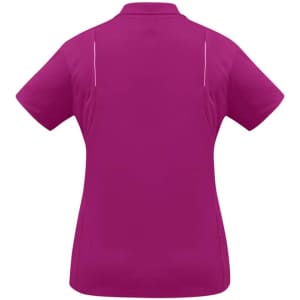 A women's short sleeve polo in vibrant magenta. The back features a subtle design and has a logo.