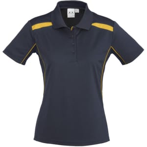 A women's short sleeve polo shirt in navy blue with yellow accents and a branded logo.