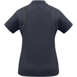 A women's short sleeve polo shirt in dark grey, featuring a branding logo on the back.