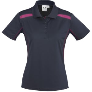 A women's short sleeve polo shirt in navy blue with pink accents and a logo on the chest.