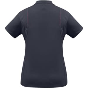 A navy women's short sleeve polo shirt with a fitted design and subtle detailing on the back. It features a logo.
