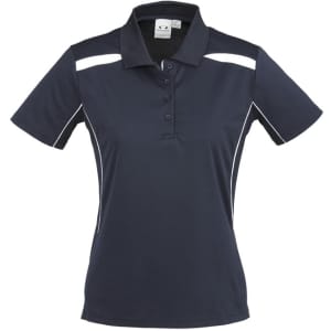 A navy women's short sleeve polo shirt with white accents and a logo on the collar.