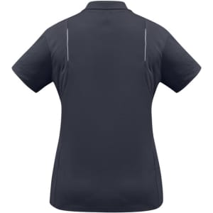 A dark grey women's short sleeve polo shirt featuring a logo, designed for casual wear.