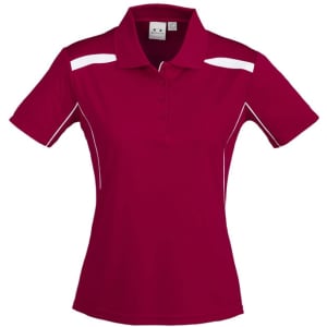 A red women's short sleeve polo shirt with white accents and a collar. It features a branding logo.