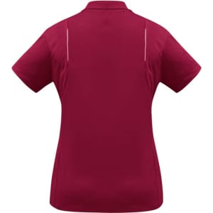 A women's short sleeve polo in burgundy, featuring a back design and a logo. Ideal for casual wear.