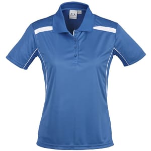 A blue women's short sleeve polo shirt with white stripes and a logo on the chest.