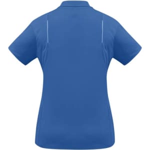 A blue women's short sleeve polo shirt with a logo, featuring a sleek design and sporty look.