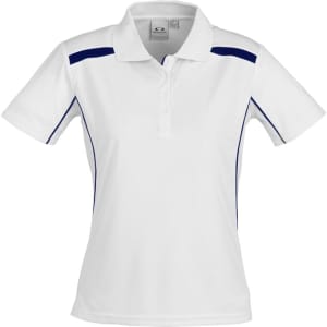 A white women's short sleeve polo shirt with blue accents and a logo on the chest.