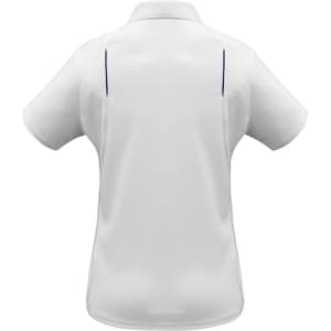 A white women's polo shirt featuring short sleeves and a sleek design, with contrasting details and branding.