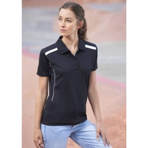 A black women's polo shirt featuring white accents, with a collared neckline and short sleeves.