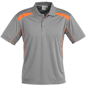 A grey short sleeve polo shirt with orange accents and a logo on the chest.