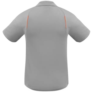 A grey short sleeve polo shirt with orange detailing and a logo on the back.