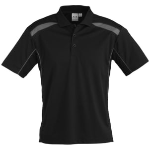 A black short sleeve polo shirt with contrasting grey panel accents and a logo on the chest.