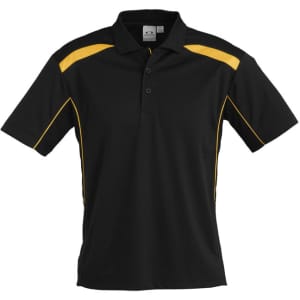 A black short sleeve polo shirt featuring yellow accents and a logo on the chest.