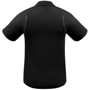 A black short sleeve polo shirt featuring a logo and contrasting yellow detailing on the sides.