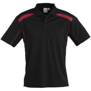 A black short sleeve polo shirt featuring red accents and a logo on the chest.