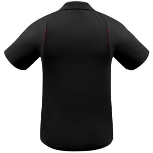 A black short sleeve polo shirt with red accents and a logo on the back.