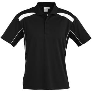 A black short sleeve polo shirt featuring white accents and a logo on the chest.