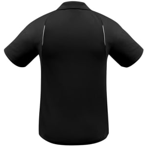 A black short sleeve polo shirt with a logo on the back and contrasting detailing on the sides.
